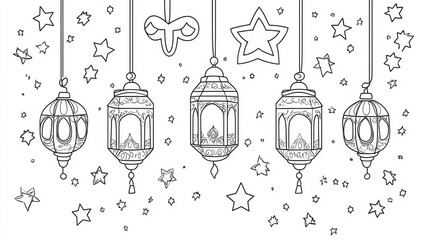 Festive Islamic lanterns, hanging in a row, with stars, in a celebratory scene, for coloring or design