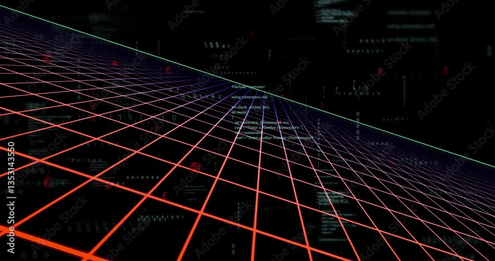 Poster creating animation, red lines grid overlaying digital code for futuristic technology