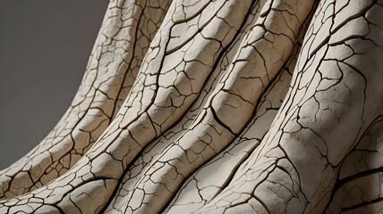 Organic sculptures with intricate crack patterns, symbolizing resilience and the passage of time in an art gallery setting