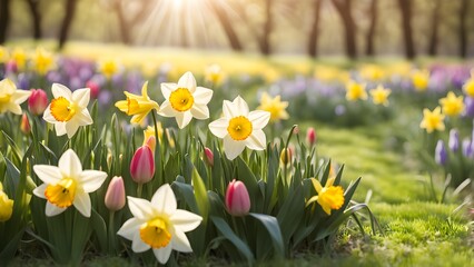 A vibrant close-up cheerful daffodils tulips basking warm spring sunlight.