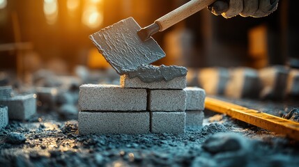 Close-up of a construction worker using a trowel to apply mortar to bricks during construction.