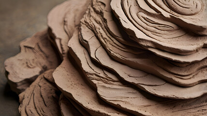 Layered abstract clay pieces with a natural, weathered texture, bathed in soft light, emphasizing balance and fragility