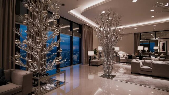 Luxurious highrise evening lounge with metallic decor and panoramic city views
