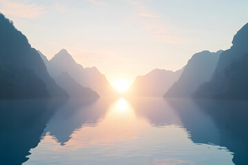 Sunset over calm fjord, mountains reflecting, peaceful scene, travel poster