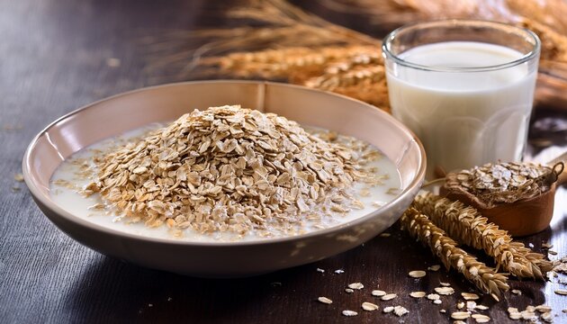 Oats, nutritious oat flakes, and creamy oat milk—versatile ingredients promoting health, ideal for breakfast, beverages, and wholesome recipes.