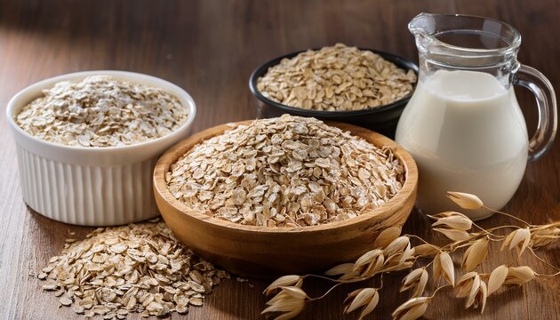 Oats, nutritious oat flakes, and creamy oat milk—versatile ingredients promoting health, ideal for breakfast, beverages, and wholesome recipes.