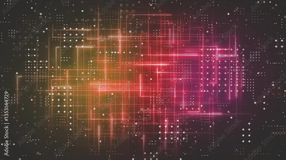 Poster creating animation with glowing geometric patterns and lines in futuristic design