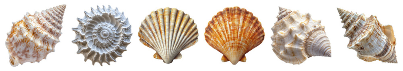 Obraz premium Collection of Various Shells Displayed on White Background, PNG bundle collection, Isolated on Transparent Background