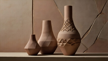 Geometric clay forms in soft, neutral tones stand precariously atop each other, casting subtle shadows against a textured wall