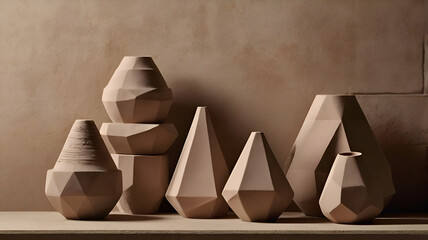 Geometric clay forms in soft, neutral tones stand precariously atop each other, casting subtle shadows against a textured wall