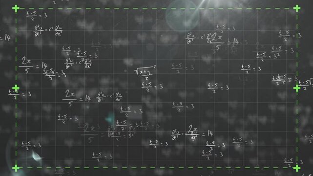 Animation of mathematical equations with green crosshair and light flare on dark grid