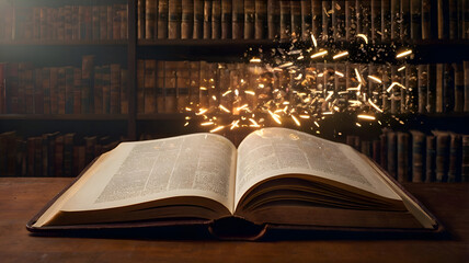 An open book with glowing words floating in the air, representing the power of the English language, set against the backdrop of famous English literary works.