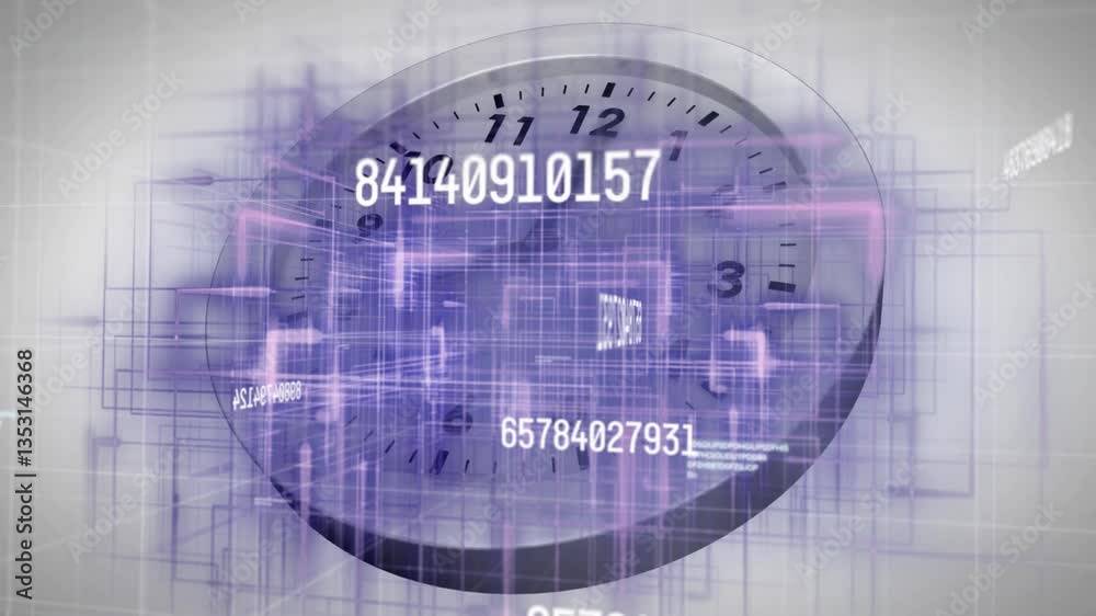 Aufkleber clock face with digital numbers and data processing animation overlay