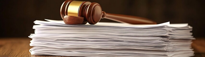 A wooden gavel resting on a large stack of paper documents