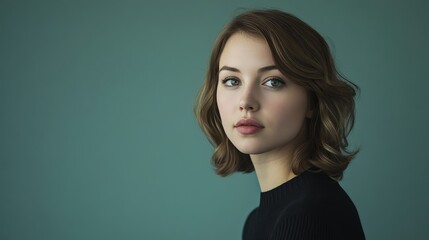 Fototapeta premium Portrait of a Young Woman with Soft Waves Against a Minimalist Background