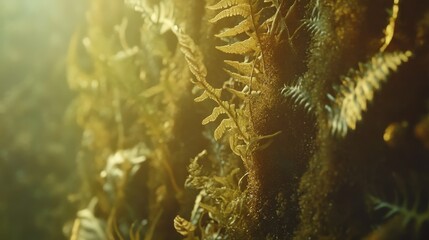Golden Sunlight Illuminates Delicate Fern Fronds on Bark