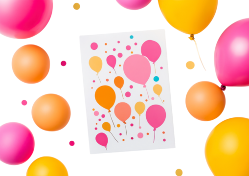 Colorful Party Balloons with Abstract Confetti Card. Isolated on a Transparent Background