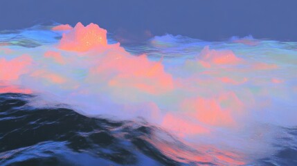Abstract landscape of vibrant, surreal cloudscapes over undulating water.  Soft, pastel hues create a dreamlike atmosphere