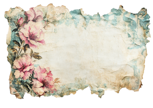 Antique Torn Paper with Floral Watercolor Edges. Isolated on a Transparent Background - Powered by Adobe