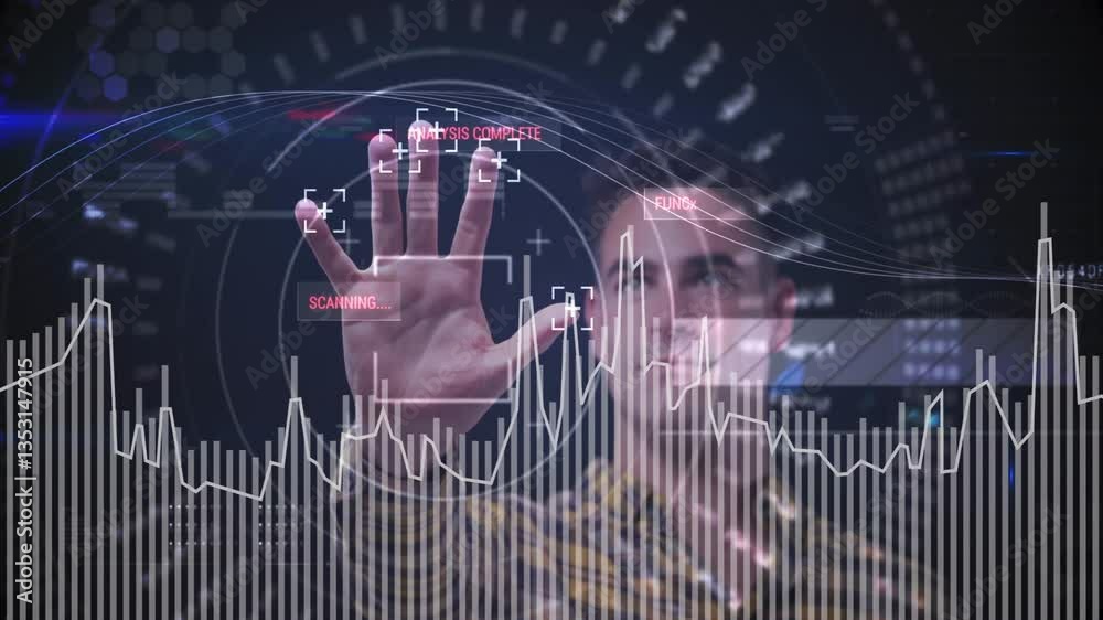 Poster interacting with futuristic animation, person scanning data and displaying graphs
