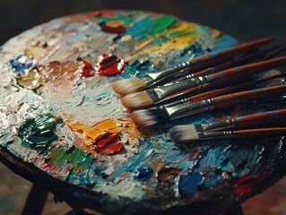 Fototapeta premium Palette of paints with brushes in an artist's studio.