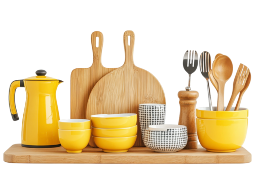 Rustic Wooden Kitchen Set with Jars, Spoons, and Cutting Boards. Isolated on a Transparent Background