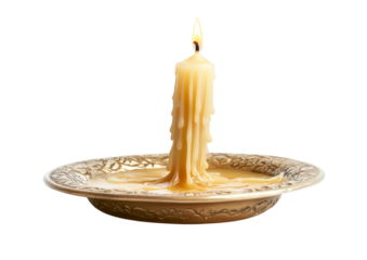 Traditional Candle on a Brass Stand with a Soft Glowing Flame. Isolated on a Transparent Background
