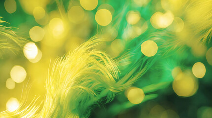 Abstract golden feathers and bokeh lights create a dreamy, festive background with yellow and green tones in a soft, glowing atmosphere.