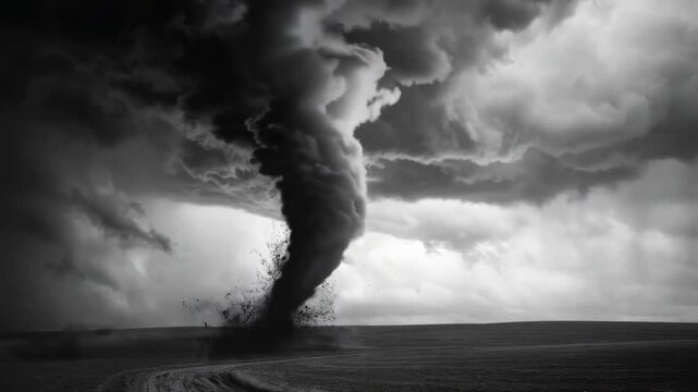 Dramatic black-and-white video still of a tornado on a flat landscape. Low-angle shot emphasizes the swirling clouds and powerful vortex. Live desktop wallpaper.