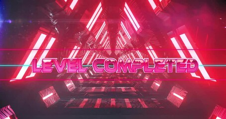 Animation of futuristic neon tunnel with bold pink Level Completed text - Powered by Adobe