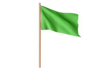 Green Waving Flag on a Wooden Pole with a Simple Design. Isolated on a Transparent Background