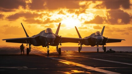 Fototapeta premium Military jets landing on aircraft carrier deck at sunset
