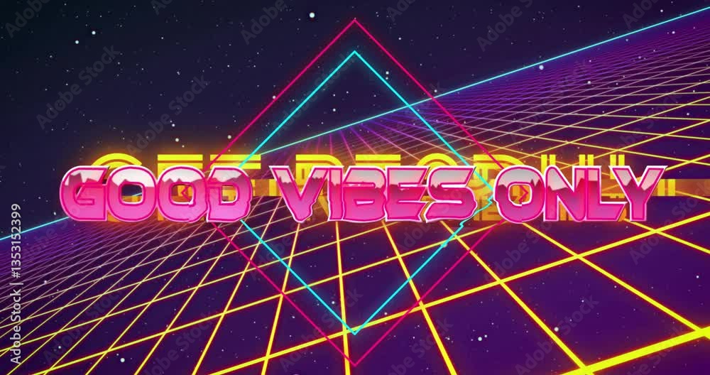 Poster animation of retro neon text good vibes only over grid and starry background