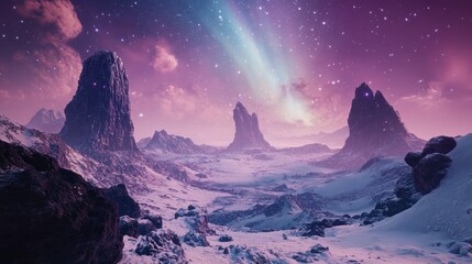 A Breathtaking View of an Alien Snowscape Under a Starry Galaxy