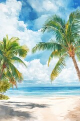 Obraz premium Two palm trees frame a beautiful watercolor beach scene
