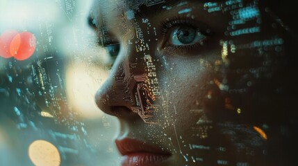 Woman's face overlayed with circuitry, embodying technology, innovation, and the merging of humanity with technological advancement.