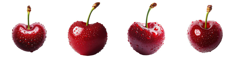 Four glossy red cherries with green stems, arranged in a row and adorned with water droplets