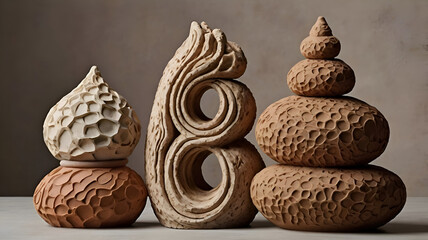 Abstract clay sculptures arranged in a delicate balance, showcasing a blend of earthy textures and organic shapes.