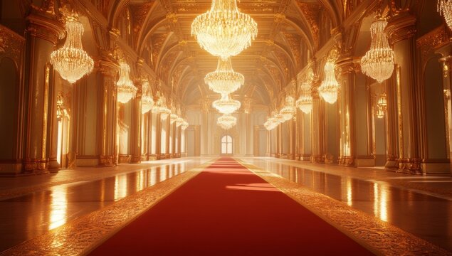 Golden palace hall, red carpet, sunlight, grandeur, empty
