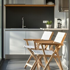 Adirondack Dining Bar Chair Set with White Frame and Light Wood Seat in Open Kitchen with Grey Floors and White Counter