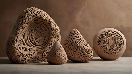 Abstract clay sculptures arranged in a delicate balance, showcasing a blend of earthy textures and organic shapes.
