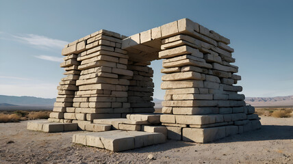 A series of cracked, weathered stone-like structures stacked harmoniously, creating a minimalist yet striking modern art installation