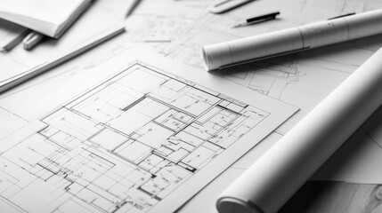Architectural blueprints on a table with office supplies