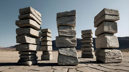 A series of cracked, weathered stone-like structures stacked harmoniously, creating a minimalist yet striking modern art installation