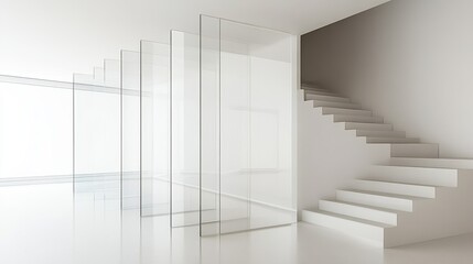 Obraz premium Modern white minimal interior with glass partitions and staircase.