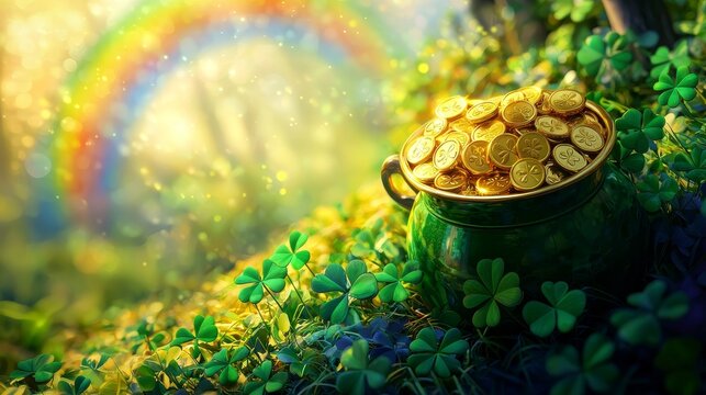 Vibrant St. Patricks Day banner featuring a pot of shimmering gold coins, surrounded by lush clover leaves and a bright rainbow arch, festive mood