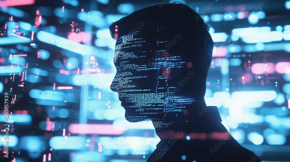 Wall mural a software engineer immersed in code, bright monitor showing complex lines of code, holographic digi