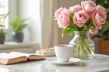 Enjoying a relaxing coffee experience with beautiful roses home setting still life bright atmosphere