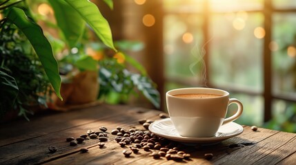 Obraz premium Warm Cup of Coffee on Rustic Table with Natural Light