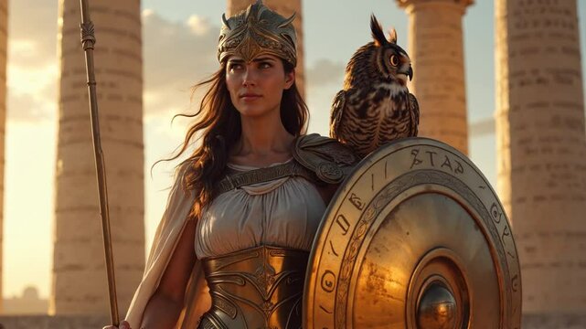 Athena &ndash; Warrior Goddess Standing with Shield and Owl &ndash; Cinematic Artistic Representation